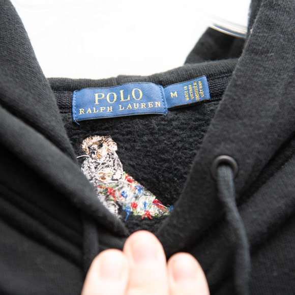 Ralph Lauren Polo Bear Hoodie Embroidered All Over Bears Sz M Black Winter Drink - Picture 5 of 5